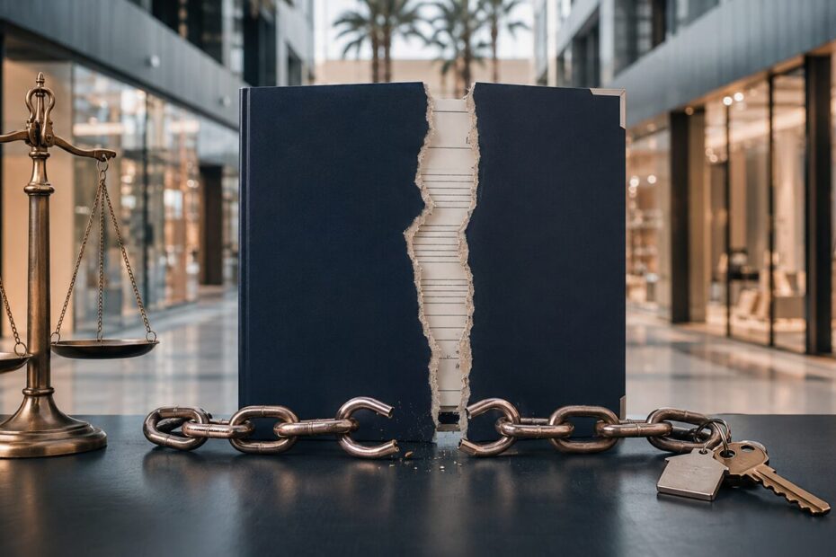 عقد تجاري ممزق وسلسلة مفتوحة يرمزان إلى إنهاء الامتياز التجاري