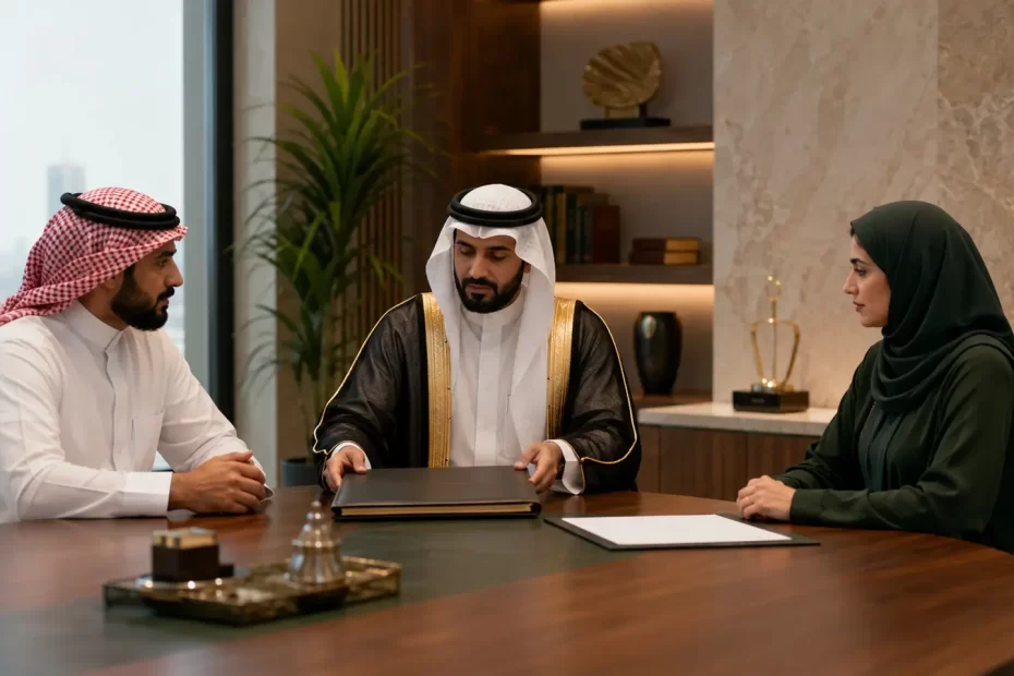 التعهد عن الغير في السعودية بين ثلاثة أطراف داخل مكتب قانوني