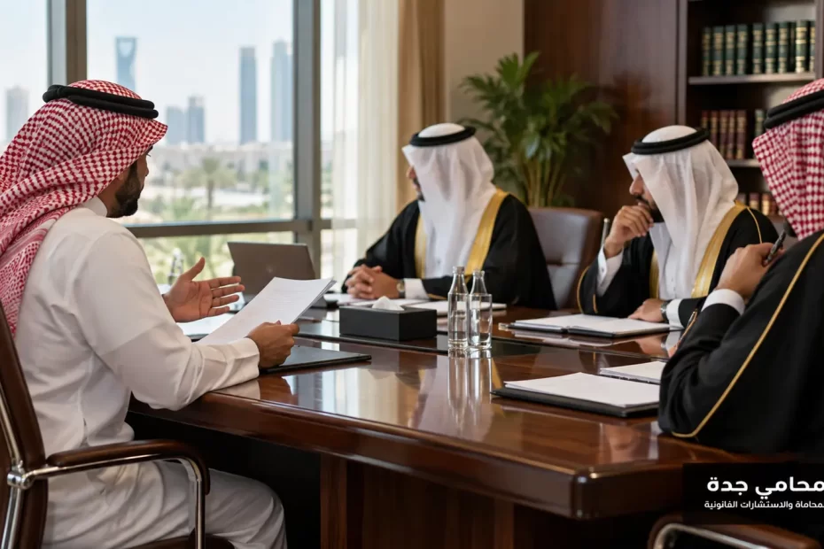 مشهد واقعي لإجراء تأديبي مهني لمحامٍ في السعودية مع شعار محامي جدة